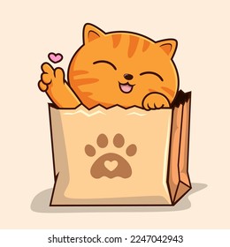 Tabby Cat in Shopping Bag - Striped Orange Cat in Paper Bag Love Hand Paws