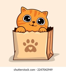 Tabby Cat in Shopping Bag - Striped Orange Cat Hiding in Paper Bag Waving Hand Paws