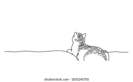 Tabby cat sits with its back turned and looks up carefully. Graphic Pet image of a funny animal. Hand drawn Vector silhouette with lines. Cartoon character for logo. Background with blank space on top