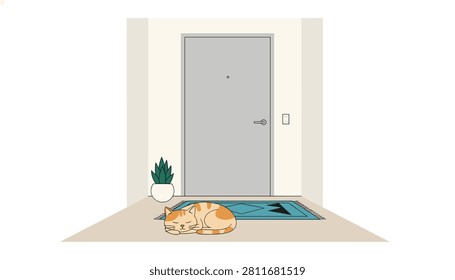 Tabby cat sleeping soundly on a blue patterned rug in front of a modern gray apartment door in a brightly lit hallway.