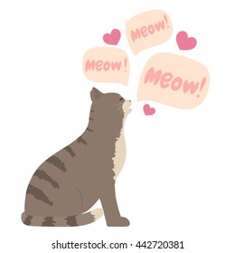 tabby cat with speech bubble and hearts saying meow. Loud meows 