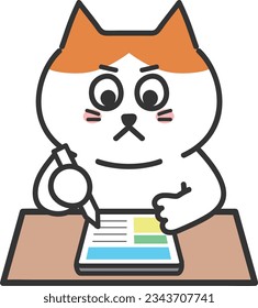 Tabby cat studies hard with a tablet PC. Vector illustration.