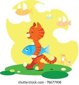 Tabby cat walk with the caught fish. In the sky flying fish with wings.