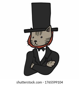 Tabby cat wear long hat and suit cartoon vector illustration