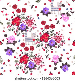 Tabby cats and bouquets of garden flowers on white background. Seamless romantic pattern for curtain. 