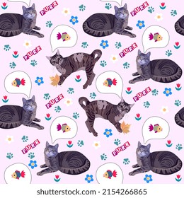 Tabby cats dream of fish. Seamless pattern with funny kittens, flowers, the words "purr", cat footprints on a light pink background in vector. Animal print for fabric, wallpaper.