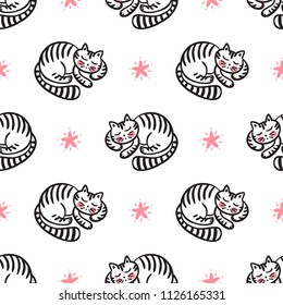 Tabby Cats Vector Seamless Pattern. Background for Kids with Hand drawn Doodle Cute Sleeping Kittens with Stars. Cartoon Animals Vector illustration in Scandinavian style