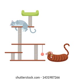 Tabby kittens on the scratching post. Scratching rope post. Cat house with hanging ball toy. Cute cat lying on cat tower. Flat cartoon vector illustration.