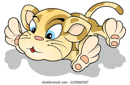 Tabby Lying Kitty on the Ground - Colored Cartoon Illustration Isolated on White Background, Vector