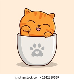 Tabby Orange Cat in Cup - Cute Striped Orange Cat Waving Hand Paws