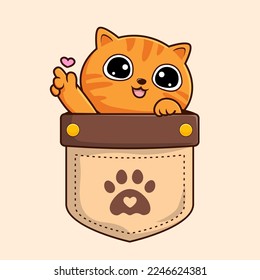 Tabby Orange Cat in Pocket Cartoon Waving Paws Hand - Striped Orange Cat