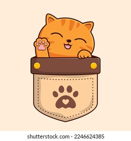 Tabby Orange Cat in Pocket Cartoon Waving Paws Hand - Striped Orange Cat