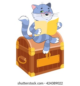 Tabby  Scientist cat with glasses  reading the newspaper. Wealth, well-being
