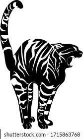Tabby striped black and white yawning cat vector. Isolated monochrome zebra cat icon.