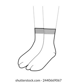 Tabi Thong Socks hosiery low cut ankle length. Fashion accessory clothing technical illustration stocking. Vector 3-4 view for Men, women, unisex style, flat template CAD mockup outline on white