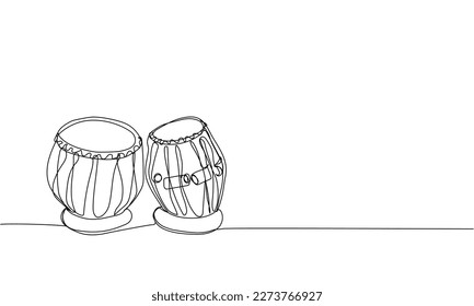 Tabla drum one line art. Continuous line drawing of sound, beat, ethnic, indian, rhythm, musician, band, acoustic, drum, music, percussion.