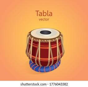 Tabla percussion oriental musical instrument. Double drum, the main percussion instrument of Indian classical music. Vector illustration of a drum on an orange background, the text can be replaced.