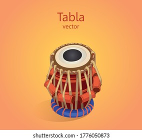 Tabla percussion oriental musical instrument. Double drum, the main percussion instrument of Indian classical music. Vector illustration of a drum on an orange background, the text can be replaced.