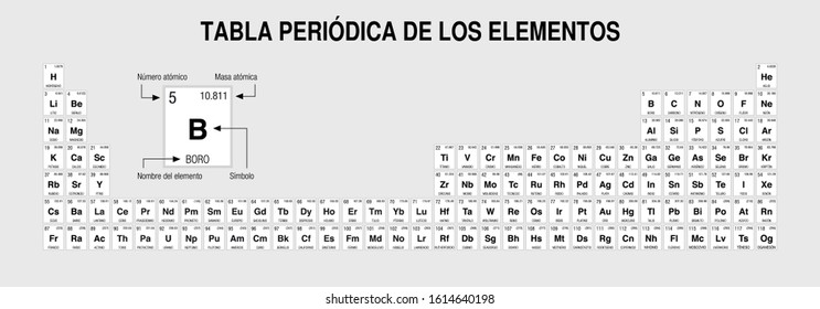 TABLA PERIODICA DE LOS ELEMENTOS -Periodic Table of Elements in Spanish language-  in black and white with the 4 new elements. Extended version - Vector image