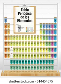 TABLA PERIODICA DE LOS ELEMENTOS -Periodic Table of Elements in Spanish language- consisting of test tubes with the names and number of each element - Chemistry
