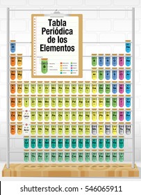 TABLA PERIODICA DE LOS ELEMENTOS -Periodic Table of Elements in Spanish language- consisting of test tubes with the names of each element and new elements: Nihonium, Moscovium, Tennessine, Oganesson