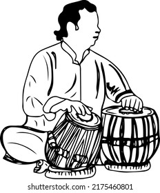 Tabla player sketch drawing, Indian musical instruments silhouette, line art illustration of Tabla dholak player