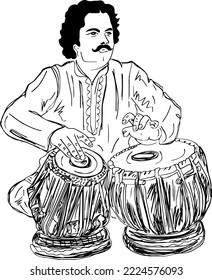 Tabla player vector illustration, cartoon doodle sketch drawing of an Indian music instrument calling a tabla-playing man, Indian drum player clip art