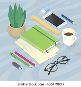 Table accessories. Notebook glasses pen pencil driver, ruler rubber cup of coffee. Top view of workplace with office supplies, digital devices and documents. Vector illustration in flat style