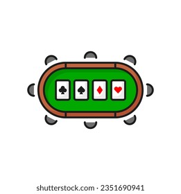 Tabla con tarjeta de poker aces, icono de línea de color de juegos de apuesta. Mobiliario de casino vectorial y juegos de póquer combinados, mesa verde y sillas