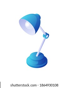 Table adjustable lamp isometric vector. Household electric item with white foot and blue stand. Illuminate warm lighting retro desktop decor. Soft not bright light reading and working.