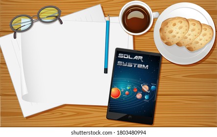 Vista aérea de tabla con ilustración de simulaciones de pantalla móvil