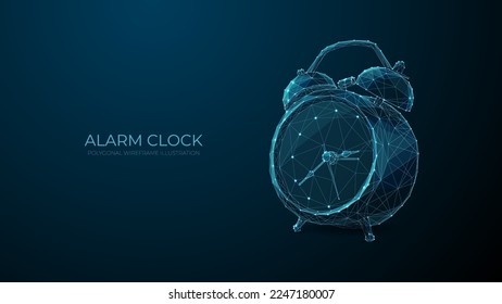 Table alarm clock. Digital polygon illustration of retro clock. Technology time management concept. Isolated vector illustration on dark background.