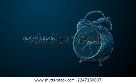 Table alarm clock. Digital polygon illustration of retro clock. Technology time management concept. Isolated vector illustration on dark background.