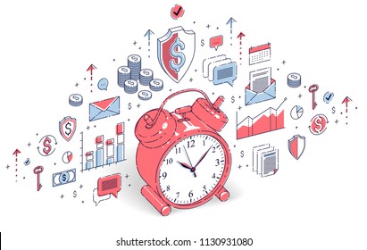 Table Alarm Clock isolated on white background, timeline, business deadline, time is money concept. Vector 3d isometric business illustration with icons, stats charts and design elements.