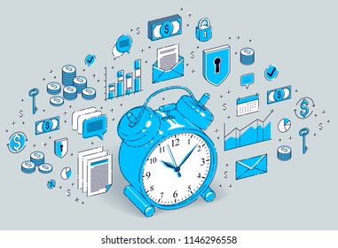 Table Alarm Clock isolated on white background, timeline, business deadline, time is money concept. Vector 3d isometric business illustration with icons, stats charts and design elements.