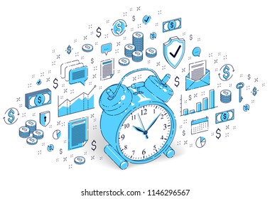 Table Alarm Clock isolated on white background, timeline, business deadline, time is money concept. Vector 3d isometric business illustration with icons, stats charts and design elements.
