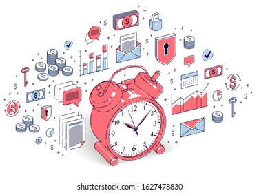 Table Alarm Clock isolated on white background, timeline, business deadline, time is money concept. Vector 3d isometric business illustration with icons, stats charts and design elements.