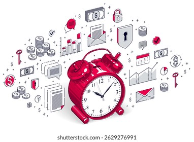 Table Alarm Clock isolated on white background, timeline, business deadline, time is money concept. Vector 3d isometric business illustration with icons, stats charts and design elements.