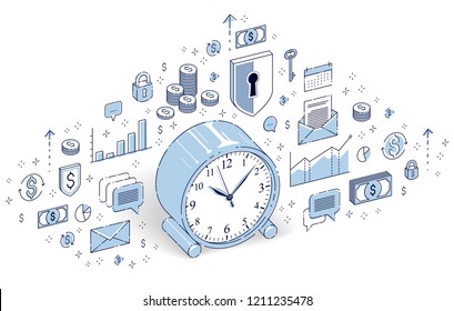 Table Alarm Clock with lots of icons and design elements, charts, stats, shield, arrows and money isolated on white. Isometric vector business and finance illustration, 3d thin line design.