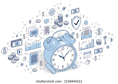Table Alarm Clock with lots of icons and design elements, charts, stats, shield, arrows and money isolated on white. Isometric vector business and finance illustration, 3d thin line design.
