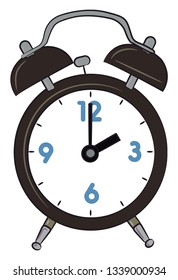A table alarm clock with time showing 2 O'clock vector color drawing or illustration 