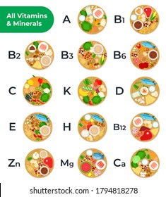 Table of all vitamins and minerals, foods containing them vector icon flat isolated illustration