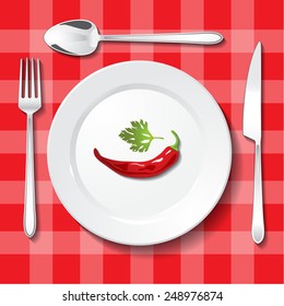 Table appointments on red tablecloth. Hot chili pepper and parsley on white plate