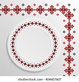  Table appointments in restaurant.. Decorative plate with round ethnic ornament. Ukrainian style.  National pattern. Vintage background of napkin.