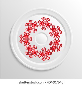 Table appointments in restaurant.. Decorative plate with round ethnic ornament.  Antique red pattern.  