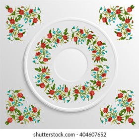 Table appointments in restaurant.. Decorative plate with round ethnic ornament. Ukrainian style.  Floral poppies pattern. Vintage background of napkin.