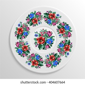 Table appointments in restaurant.. Decorative plate with round ethnic ornament. Ukrainian style. Vintage floral pattern.  .