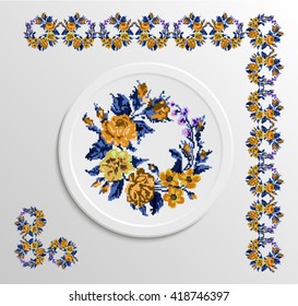 Table appointments in restaurant.. Decorative plate with round  ornament. Ukrainian style.   Vintage background of napkin with floral pattern (roses, chamomile and cornflowers). Blue and yellow tones.