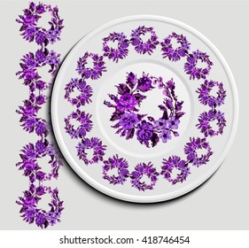 Table appointments in restaurant.. Decorative plate with round ethnic ornament. Ukrainian style.   Vintage background of napkin with floral pattern (roses, chamomile and cornflowers). Violet tones.