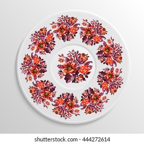 Table appointments in restaurant.. Decorative plate with round ethnic ornament. Ukrainian style. Vintage floral pattern.  Red and orange pastel  tones.